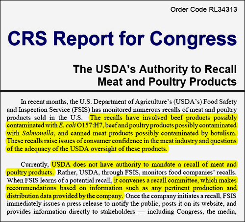 2008년 1월 의회에 보고된 육류 리콜 관련 보고서. "미국 소비자들이 육류업계의 신뢰성을 문제 삼고 있으며, 미 농무부의 관리 능력을 의심하고 있다"고 전하고 있다.