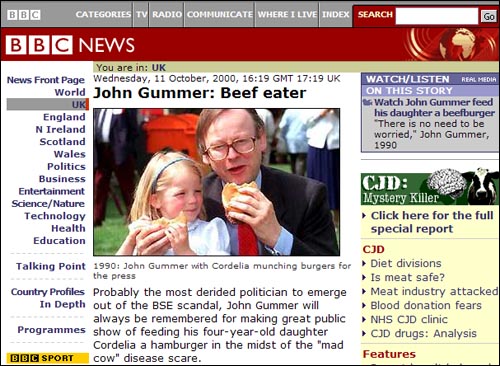 1990년 존 검머 당시 농무부 장관이 딸과 햄버거를 먹으며 쇠고기의 안전성을 일방적으로 홍보한 것을 비판하는 BBC 기사.