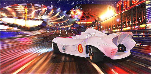  워쇼스키 감독의 영화 <스피드 레이서>에서 주인공 '스피드'(에밀 허쉬)가 운전하는 레이싱 자동차 '마하6'가 '드리프트'를 하며 경기장을 빠르게 돌고 있다.