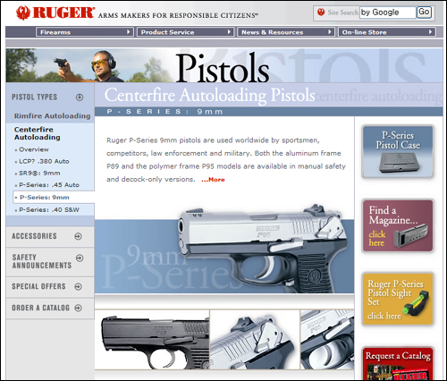 미국의 총기 제조사인 루거사의 웹사이트 화면. 위쪽에 "책임 있는 시민을 위한 총기 제조사"라는 글귀가 보인다. 총기 제조 및 판매업자에게 일반인은 핵심 고객층이다.