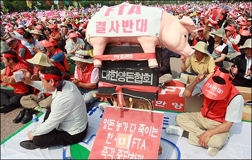 농민들이 지난 5월 22일 오후 서울 여의도공원에서 열린 '쇠고기 협상 무효! 한미FTA 반대! 농민생존권 쟁취!' 전국농민대회에서 한미FTA 반대를 외치고 있다.