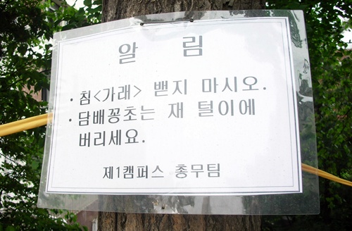 서울의 한 대학에 걸린 알림 종이. 짧은 두 문장에 불과하지만, '한글맞춤법'에 틀린 문장이 많이 학생들의 빈축을 사고 있다. 게시글 아래에는 '제1캠퍼스 총무팀'이라고 적혀 있다.