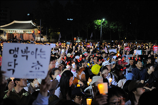 8시 30분.덕수궁의 정문인 대한문이 촛불 물결 뒤로 보인다. 이때쯤 청운동 시위대의 연행 소식이 전해지면서 문화행사의 나머지 순서가 취소되고 청와대로의 행진이 시작되었다.