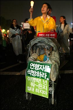  미국산 쇠고기 수입 전면개방 반대 72시간 릴레이 농성이 마무리 된 가운데 8일 저녁 서울시청앞 광장에서 열린 32차 촛불문화제에 참석했던 한 시민이 애완견을 유모차에 태우고 행진하고 있다.