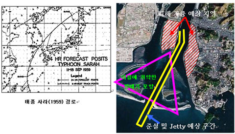준설 및 방벽 설치 예상 지역(노란색), 해일 피해 증가 예상지역(빨간색 빗금)