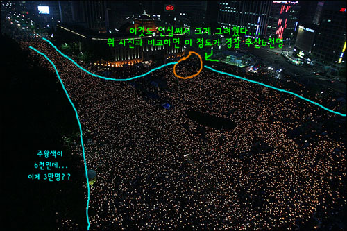 네티즌 'a-ub'은 경찰이 추산한 보수단체 집회 참가자 숫자와 촛불집회 참가자 숫자를 비교했다.