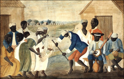 재즈는 아프리카에서 팔려온 노예들의 고난 속에서 태어나고 성장했다. 그들의 고난을 담은 낮은 곡조의 슬픈 노래는 '블루스'로 발전했으며, 이는 유럽의 악기와 결합해 재즈 음악으로 성장했다. 사진은 1780년에 그려진 흑인 노예의 모습.