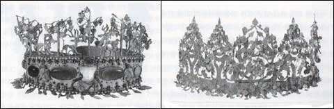 흑해 북안 출토 샤르마트 금관(왼쪽), 샤바르칸 탈리아테떼 금관(오른쪽) : 식민사학자들은 이 금관들의 세움장식이 신라 금관 세움장식과 같다고 주장한다.