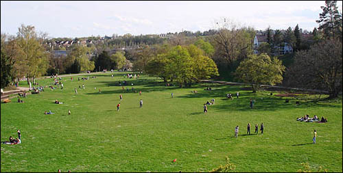 시민들이 푸른 공원 잔디밭에서 쉬는 모습이 한가롭다.
