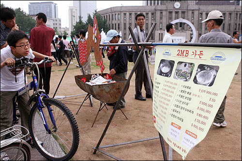 '48시간 비상국민행동' 둘째 날인 21일 오후 서울시청 앞 광장에 전시된 설치미술가 최병수씨의 작품 '2MB 가든'을 시민들이 구경하고 있다. 