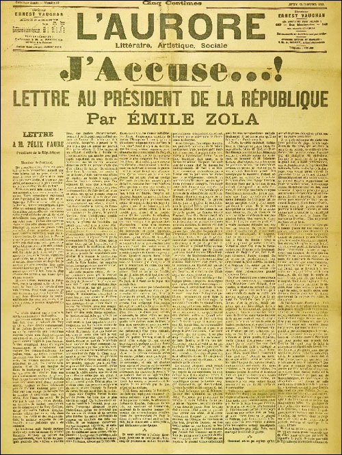 에밀 졸라의 <나는 고발한다>가 게재된 1898년 1월 13일자 <로호르(새벽)> 1면.
