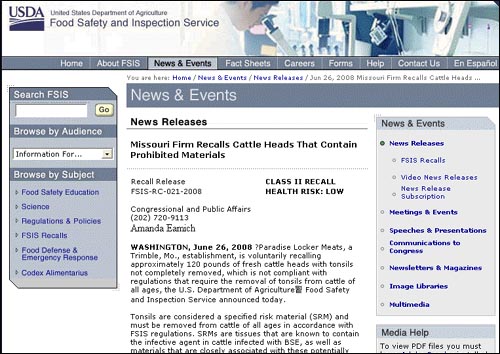 미 농무부 식품안전국은 SRMs를 발견해 쇠고기 제품을 전량 회수했다고 26일 발표했다. 사진은 해당 사실을 알리는 식품안전국 사이트 화면.