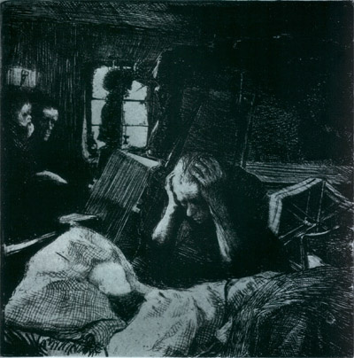 케테 콜비츠 <빈곤(Not)>, 석판(Lithograph printed on yellow chine collE), 1893-1894