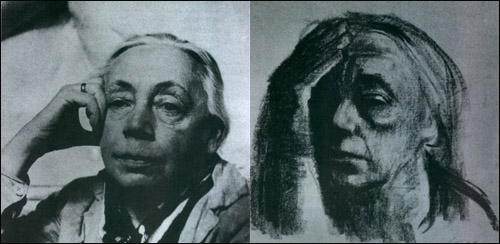 1930년대 초의 콜비츠 사진(좌)과 1920년에 그린 팔을 괸 자화상(우)