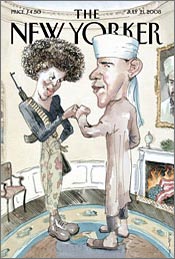 14일 발매된 시사 매거진 <뉴요커> 표지. 이슬람 복장을 한 오바마와 테러리스트 모습의 미셸을 그린 삽화를 표지에 실었다.
