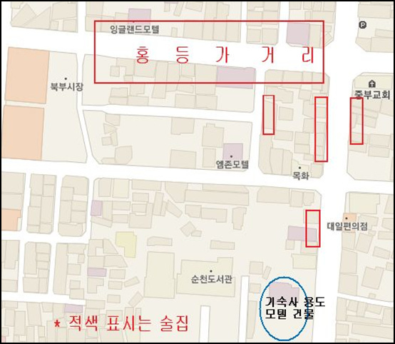 기숙사와 홍등가 주변지도 홍등가 거리와 순천학숙이 들어설 모텔건물은 직선으로 140여m이고, 바로 시립도서관과 연계해 모텔 앞 부지에는 청소년문화광장을 조성할 예정이다.