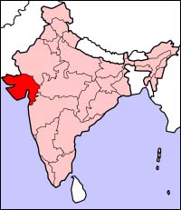 구자라트 주(빨간색으로 표시된 곳). 