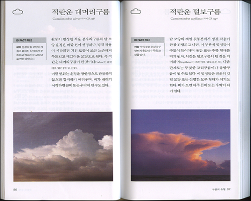 책을 펼친 모습, 책속 구름은 적란운의 종류인 '적란운 대머리구름'과 '적란운 털보구름'(사진 세로크기만 축소)