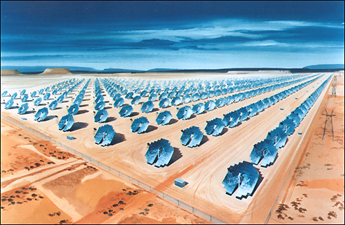 우리나라 PC시스템(PC 모니터 프린터 모뎀 PC스피커)에서 나오는 하룻동안 나오는 대기전력은 국내 태양광발전 총량의 26일분에 해당한다. 사진은 모하비 사막에 세워질 태양광발전 상상도.