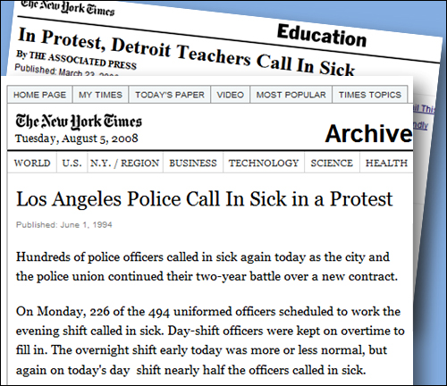 미국에서 전화를 이용한 보이콧은 시민사회의 몫만이 아니다. 사진은 <뉴욕타임스>에 실린 교사와 경찰의 '전화 보이콧' 관련 기사. 계약 내용에 불만을 품은 교사와 경찰 수백 명이 집단으로 '결근전화'를 하고 결근을 하는 것으로 항의 표시를 했다.