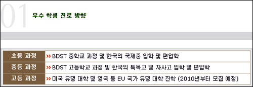  대원국제외국어학교 웹사이트에 올라있는 '우수 학생 진로 방향'