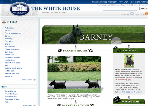 백악관 홈페이지에는 퍼스트 도그인 '바니' 전용 홈페이지도 있다.