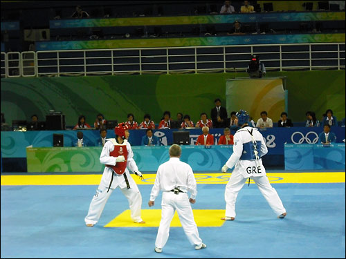  남자 태권도 80kg이상급 경기 결승전에서 맞붙은 한국의 차동민(왼쪽)과 그리스의 알렌산드로 니콜라이디스.