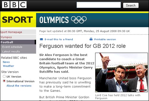  알렉스 퍼거슨 감독을 영국의 올림픽 축구대표팀 감독으로 선임하고 싶다는 고든 브라운 총리의 인터뷰를 보도하는 영국 BBC