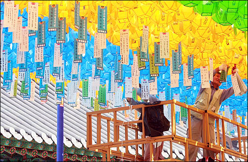 이명박 정부의 '종교차별'을 규탄하는 범불교도대회를 앞두고 26일 서울 견지동 조계사 앞마당에 신도들이 종교차별금지법 입법화를 위한 연등을 매달고 있다.