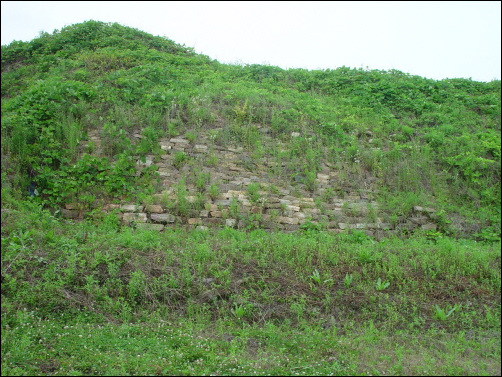석성 위에 흙을 덮은 호로고루의 동쪽 성벽 모습 