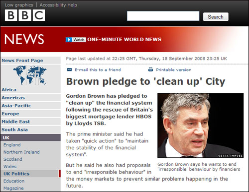 고든 브라운 총리가 금융 시스템 개혁의 필요성을 강조한 사실을 보도한 BBC.