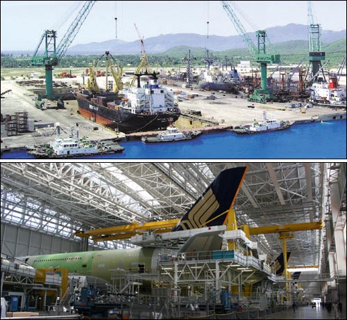'선박수주량 세계 1위'를 자랑하는 한국 조선업를 상징하는 조선소(위)와 유럽 민간항공기업체인 에어버스 A380 제작 라인.