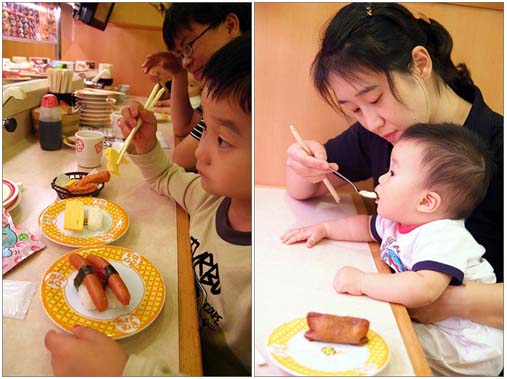 히카타역 부근 요도바시카메라 4층에 있는 100엔 스시. 날 생선을 낯설어 하는 아이들도 소시지 초밥과 계란찜 등은 맛있게 잘 먹는다.