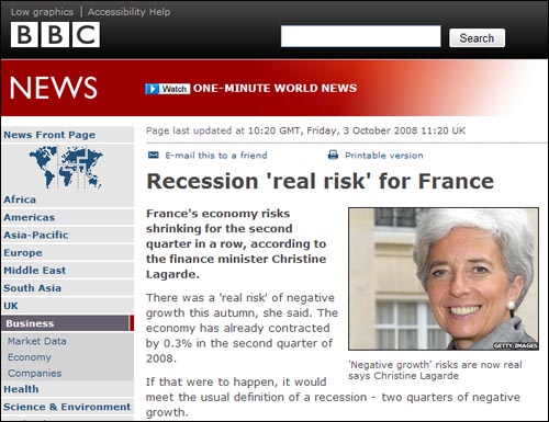 프랑스의 경기 침체 위험성을 보도한 BBC.