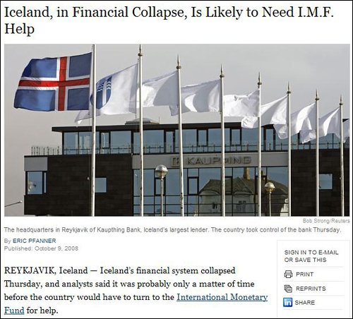 아이슬란드가 IMF 구제금융을 받을 것이라고 보도한 <뉴욕타임즈> 