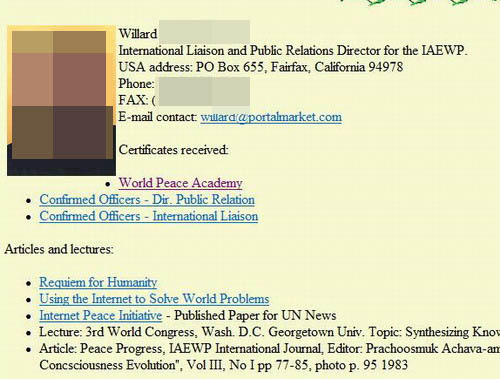 공 교육감이 받은 인증서와 똑같은 증서를 받은 IAEWP 관계자가 '세계평화아카데미 증서를 받았다'(certificates received: Wrld Peace Academy)고 자신의 사이트에 소개해놓은 부분. 
