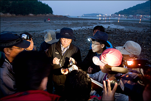  새벽 5시 50분경 청산도 갯벌탐사에 나선 참가자들. 백용해 원장이 갯벌 생물에 대해 설명하고 있다.  