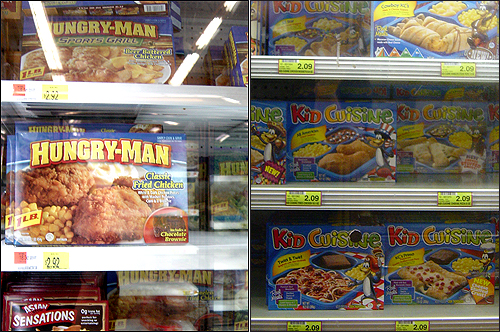 식표품점 냉동실에 든 각종 'TV 디너'들. 대식가들을 위해 양을 늘린 '헝그리맨' 시리즈도 있고, 어린이용도 별도로 나와 있다.