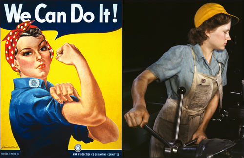 왼쪽은 전시에 여성고용 촉진을 위해 사용된 선전 포스터로, 전후 페미니즘의 상징이 되었다. 2차 세계대전 당시 수백만명의 여성들이 기계와 공구, 중장비를 다루는 일을 맡았다. 포스터의 여성은 흔히 '리벳공 로지(Rosie the Riveter)'라 불리는데, 이것은 당시 유행하던 노래의 제목이기도 하다. 왼쪽 사진은 포스터의 모델이 되었던 로즈 먼로로, 항공기 제조공장에서 일하던 노동자였다.
