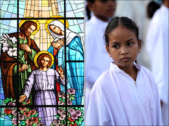 딜리 대성당 내부의 화려한 색유리(왼쪽), 가톨릭 행사에 참여한 소녀. 동티모르에는 지역 곳곳 마다 성당이 있으며, 성인 탄생 축일 행사등 종교 행사가 많이 열린다.