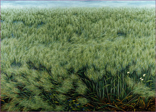 '바람결 이는 푸른 보리밭' I 순지 5배접 암채 333×248cm 1994. 70년대부터 수많은 보리밭연작이 있지만 이것은 90년대 작품이다.