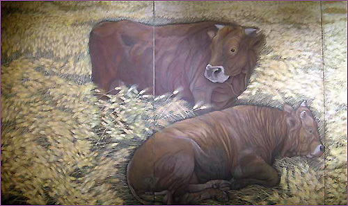 '황금보리밭의 소들' I 순지 5배접 암채 227×728cm 1988
