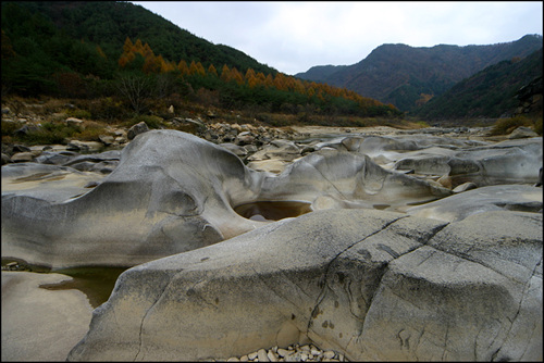 마치 커다란 마제석기나 커다란 수석같은 돌들이 계곡에 깔려있다. 이런 지형은 청송 백석탄에도 있으나 완성도(?)는 여기가 나은 것 같다.