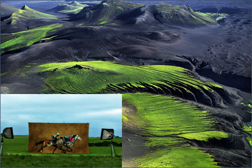얀 아르튀스 베르트랑 I '영국산 순수 혈통의 종자암말과 망아지' 플라스틱 가공한 컬러프린트 120×180cm 2003(아래). 아프리카에서 찍은 사진임을 알 수 있다. 위는 항공사진으로 찍은 '아이슬란드 산 풍경'
