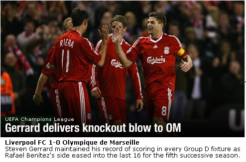  제라드(맨 오른쪽)의 득점 뒤풀이 사진과 함께 16강 토너먼트 진출 소식이 실린 유럽축구연맹 누리집(uefa.com) 첫 화면