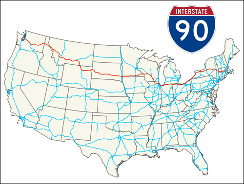 미대륙을 좌우로 횡단하는 주간고속도로 90번(붉은 색). 경부고속도로의 12배에 달하는 길이로, 동부 보스톤과 서부 시애틀을 연결한다. 푸른색으로 표시된 거미줄 모양의 도로는 미국 전역의 주간고속도로망이다.