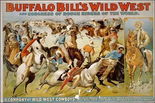 19세기 후반 유행하던 서부영웅을 주제의 극장쇼 포스터. 보안관과 민병대는 미국적 영웅담의 토대를 제공했다.