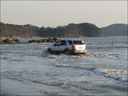 들어왔던 길이 바닷물에 잠겨버려 차가 물속을 차가 지나고 있다.
