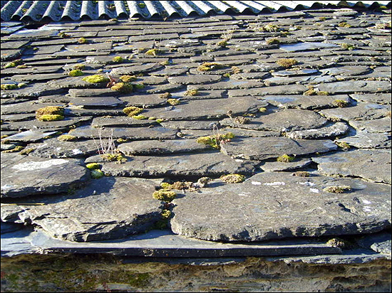 시골마을의 지붕이 돌들로 이루어져 