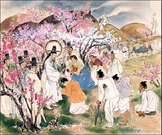 1950년대 운보 김기창 화백이 그린 예수전의 일부 그림이다. 갓쓴 예수의 모습이 생경하다.